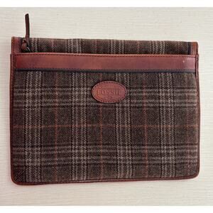 Fossil BrownTweed & Leather Clutch Portfolio Plaid Zip Pouch‎ Academia
